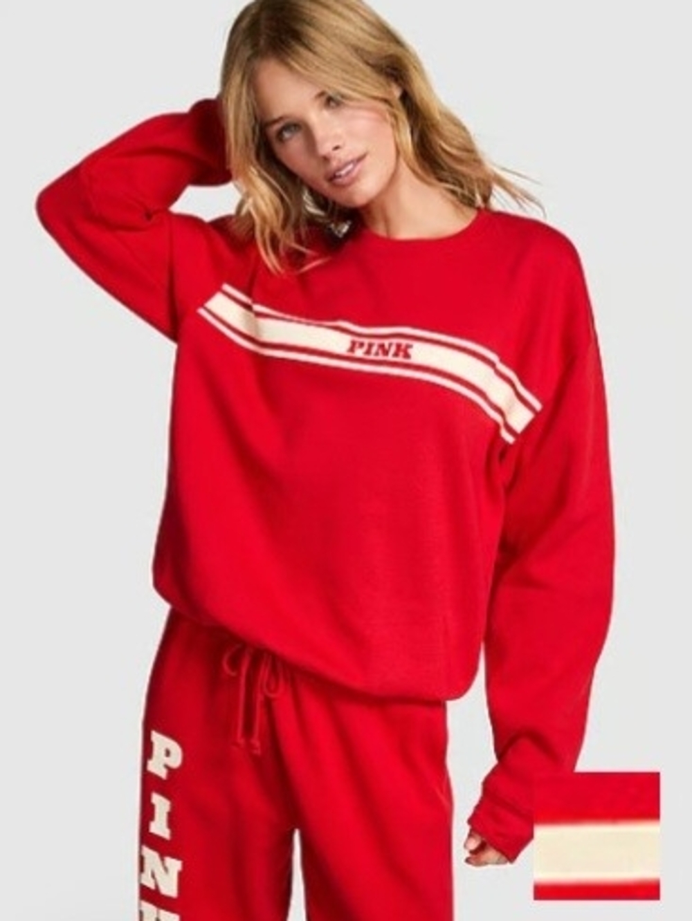 PINK Red Sweatshirt with Cream Stripe Detail - Picture 1 of 7